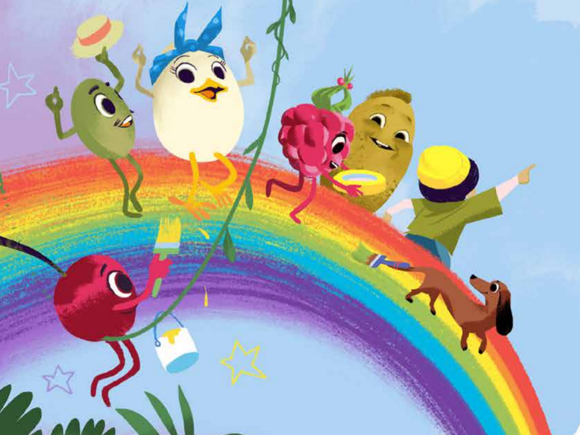 Die Ernährungshelden aus dem Ernährungskompass setzen auf einem Regenbogen.