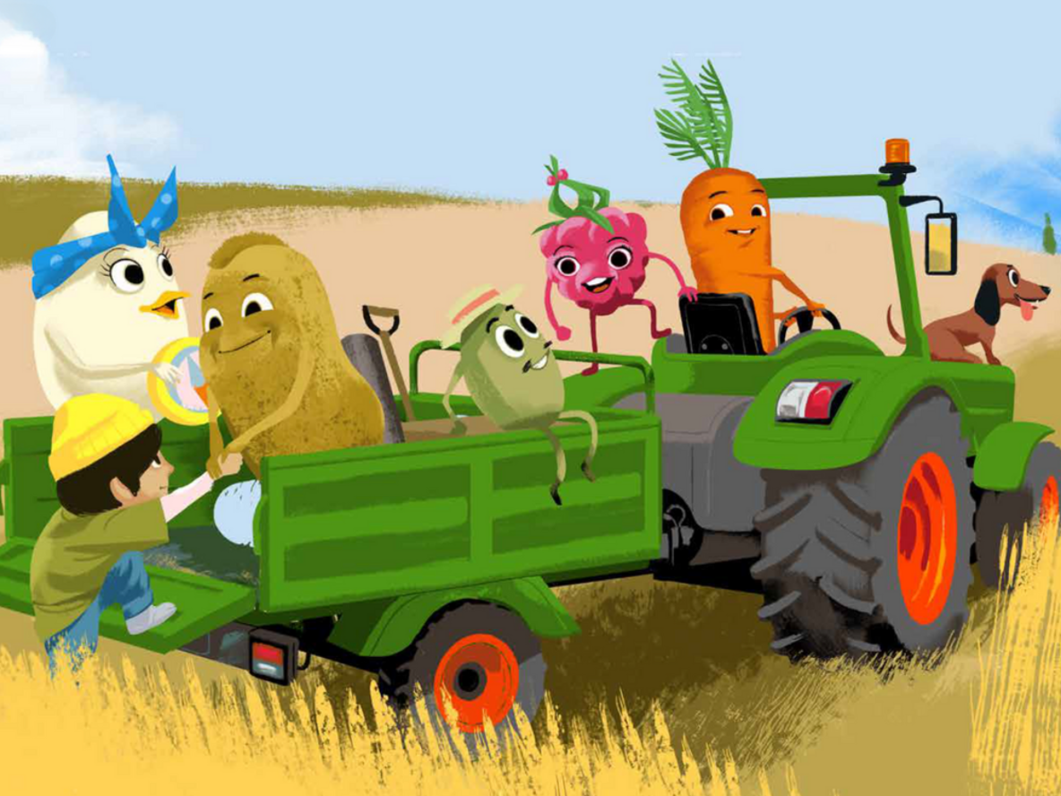 Basti, Bella und die Ernährungshelden Hotte Karotte, Heidi Himbeere, Olli Olive, Kalle Kartoffel und Elsa Eiweiß fahren auf einem Traktor mit Anhänger über ein Weizenfeld.