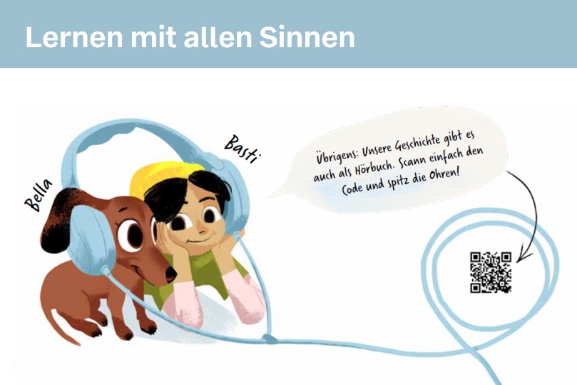 Lernen mit allen Sinnen: Bella und Basti liegen auf dem Bauch und haben Kopfhörer auf, denn unsere Geschichte gibt es auch als Hörbuch.