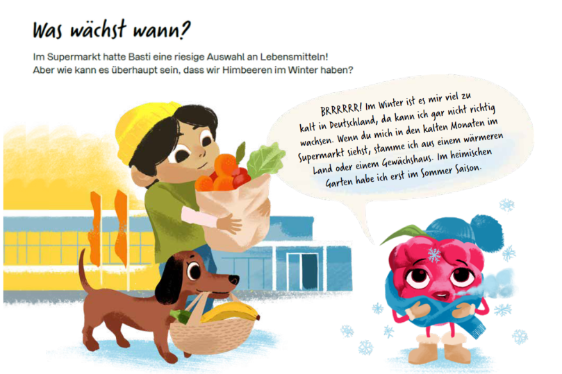 Was wächst wann? Basti und Bella tragen zwei volle Einkaufskörbe nach Hause: Im Supermarkt hatte Basti eine riesige Auswahl an Lebensmitteln! Aber wie kann es überhaupt sein, dass wir Himbeeren im Winter haben? Heidi Himbeere steht frierend und mit einem Schal um den Hals in der Kälte: "BRRRRRR! Im Winter ist es mir viel zu kalt in Deutschland, da kann ich gar nicht richtig wachsen. Wenn du mich in den kalten Monaten im Supermarkt siehst, stamme ich aus einem wärmeren Land oder einem Gewächshaus. Im heimischen Garten habe ich erst im Sommer Saison."