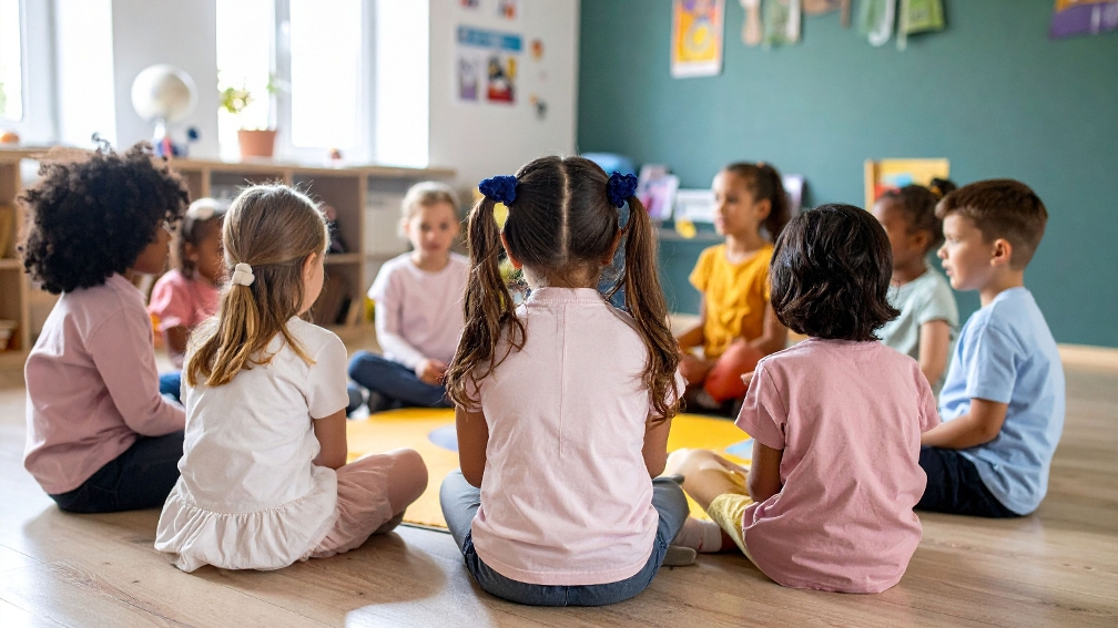 Kinder in einem Kreis auf dem Boden eines Klassenzimmers sitzend