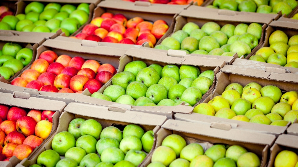 Äpfel in Kisten ausgestellt